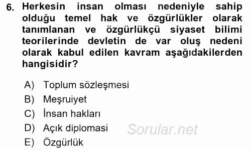 İnsan Hakları ve Demokratikleşme Süreci 2017 - 2018 3 Ders Sınavı 6.Soru