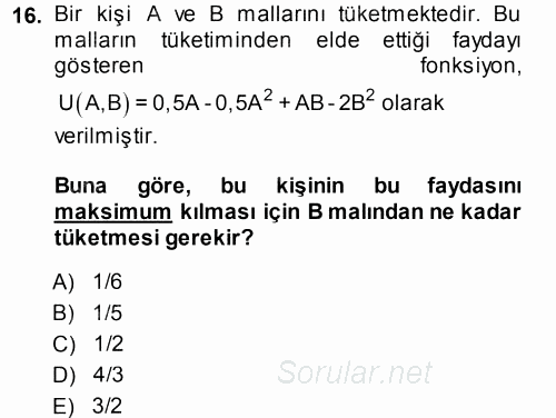 Matematiksel İktisat 2014 - 2015 Dönem Sonu Sınavı 16.Soru