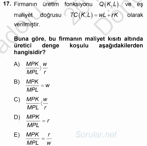 Matematiksel İktisat 2014 - 2015 Dönem Sonu Sınavı 17.Soru