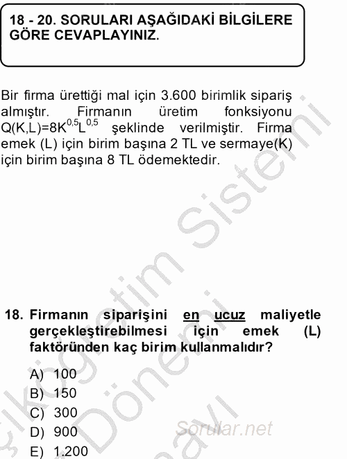 Matematiksel İktisat 2014 - 2015 Dönem Sonu Sınavı 18.Soru