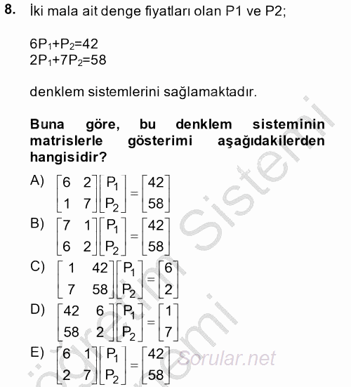 Matematiksel İktisat 2014 - 2015 Dönem Sonu Sınavı 8.Soru