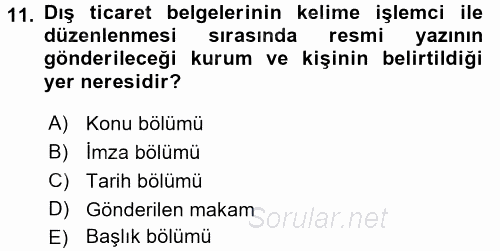 Dış Ticarette Bilgisayar Uygulamaları 2016 - 2017 Ara Sınavı 11.Soru