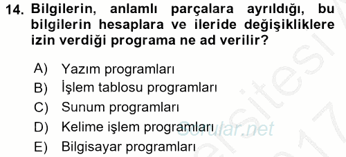 Dış Ticarette Bilgisayar Uygulamaları 2016 - 2017 Ara Sınavı 14.Soru