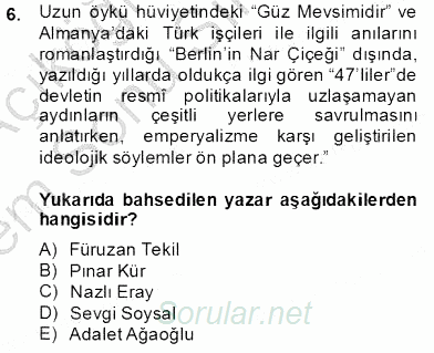 Çağdaş Türk Romanı 2013 - 2014 Dönem Sonu Sınavı 6.Soru