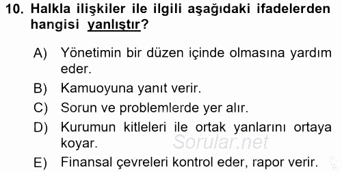 Halkla İlişkiler Uygulamaları ve Örnek Olaylar 2016 - 2017 Ara Sınavı 10.Soru