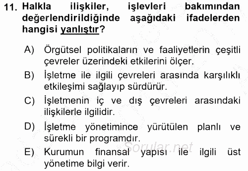 Halkla İlişkiler Uygulamaları ve Örnek Olaylar 2016 - 2017 Ara Sınavı 11.Soru