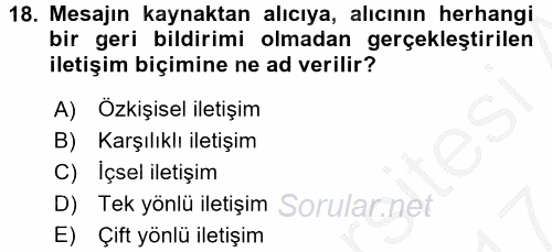 Halkla İlişkiler Uygulamaları ve Örnek Olaylar 2016 - 2017 Ara Sınavı 18.Soru