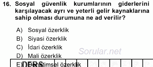 Sosyal Güvenlik 2015 - 2016 Ara Sınavı 16.Soru