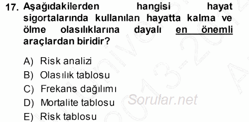 Hayat Sigortaları Ve Bireysel Emeklilik Sistemi 2013 - 2014 Ara Sınavı 17.Soru