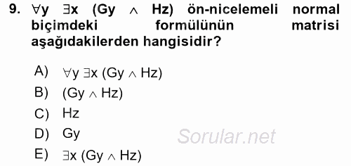 Sembolik Mantık 2015 - 2016 Dönem Sonu Sınavı 9.Soru