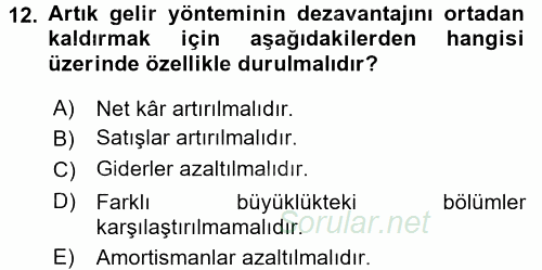 Maliyet Yönetimi 2015 - 2016 Tek Ders Sınavı 12.Soru