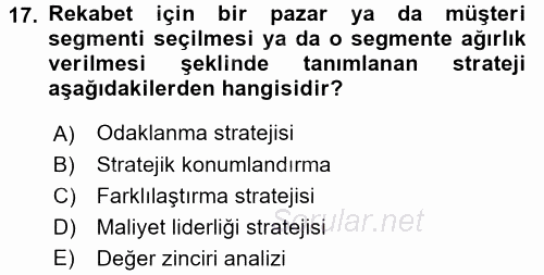 Maliyet Yönetimi 2015 - 2016 Tek Ders Sınavı 17.Soru