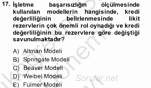 Finansal Yönetim 2 2014 - 2015 Dönem Sonu Sınavı 17.Soru