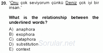 Türkçe Tümce Bilgisi Ve Anlambilim 2013 - 2014 Tek Ders Sınavı 20.Soru