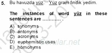 Türkçe Tümce Bilgisi Ve Anlambilim 2013 - 2014 Tek Ders Sınavı 5.Soru