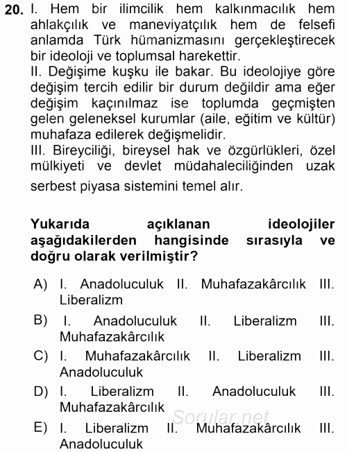 Türk Siyasal Hayatı 2017 - 2018 Dönem Sonu Sınavı 20.Soru