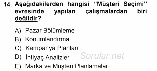 Perakendecilikte Müşteri İlişkileri Yönetimi 2013 - 2014 Tek Ders Sınavı 14.Soru