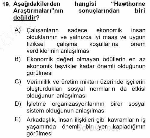 Yönetim Bilimi 1 2016 - 2017 3 Ders Sınavı 19.Soru