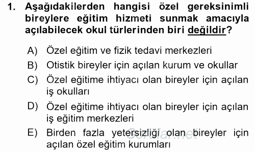 Özel Gereksinimli Bireyler ve Bakım Hizmetleri 2015 - 2016 Ara Sınavı 1.Soru