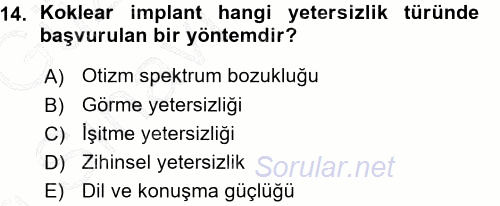 Özel Gereksinimli Bireyler ve Bakım Hizmetleri 2015 - 2016 Ara Sınavı 14.Soru