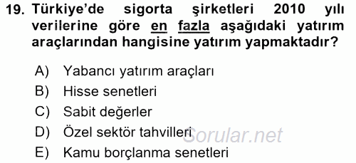 Bankacılık Ve Sigortacılığa Giriş 2017 - 2018 3 Ders Sınavı 19.Soru