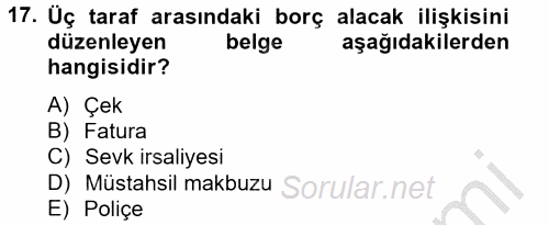 Ön Muhasebe Yazılımları Ve Kullanımı 2012 - 2013 Ara Sınavı 17.Soru