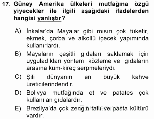 Dünya Mutfakları 1 2017 - 2018 3 Ders Sınavı 17.Soru