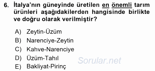 Dünya Mutfakları 1 2017 - 2018 3 Ders Sınavı 6.Soru
