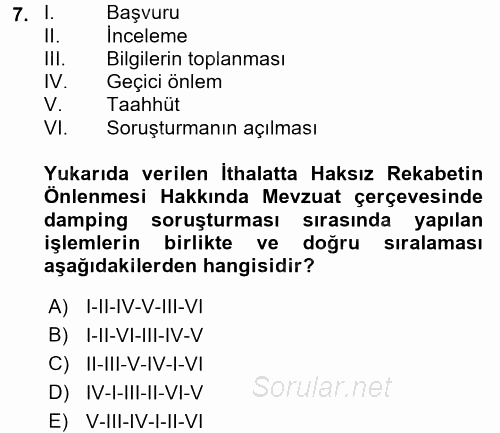 İthalat ve İhracat İşlemleri 2016 - 2017 Dönem Sonu Sınavı 7.Soru