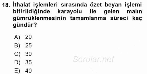 İthalat ve İhracat İşlemleri 2016 - 2017 3 Ders Sınavı 18.Soru
