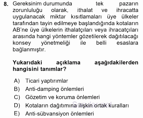 İthalat ve İhracat İşlemleri 2016 - 2017 3 Ders Sınavı 8.Soru
