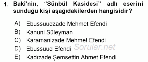 XVI. Yüzyıl Türk Edebiyatı 2016 - 2017 Dönem Sonu Sınavı 1.Soru