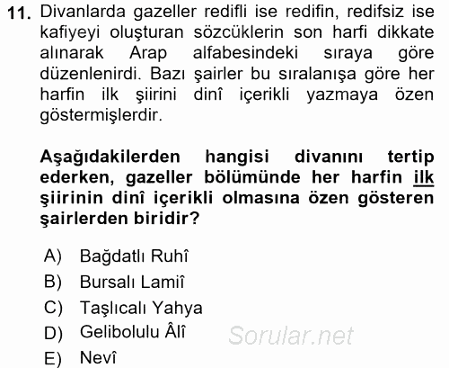 XVI. Yüzyıl Türk Edebiyatı 2016 - 2017 Dönem Sonu Sınavı 11.Soru