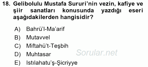 XVI. Yüzyıl Türk Edebiyatı 2016 - 2017 Dönem Sonu Sınavı 18.Soru