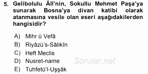 XVI. Yüzyıl Türk Edebiyatı 2016 - 2017 Dönem Sonu Sınavı 5.Soru