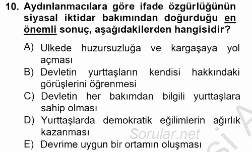 Siyasi Düşünceler Tarihi 2012 - 2013 Dönem Sonu Sınavı 10.Soru
