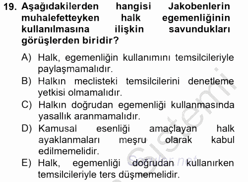 Siyasi Düşünceler Tarihi 2012 - 2013 Dönem Sonu Sınavı 19.Soru