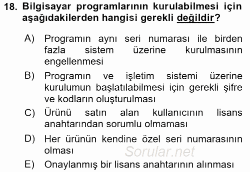 Muhasebe Yazılımları 2017 - 2018 Ara Sınavı 18.Soru