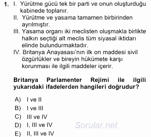 Karşılaştırmalı Siyasal Sistemler 2017 - 2018 Dönem Sonu Sınavı 1.Soru