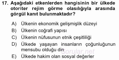 Karşılaştırmalı Siyasal Sistemler 2017 - 2018 Dönem Sonu Sınavı 17.Soru