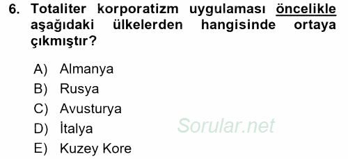 Karşılaştırmalı Siyasal Sistemler 2017 - 2018 Dönem Sonu Sınavı 6.Soru