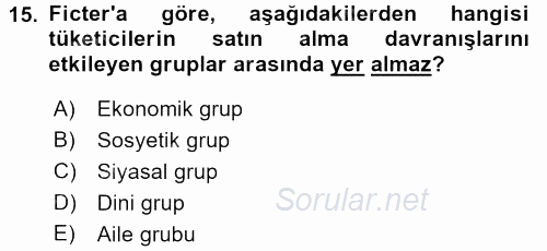 Tüketici Davranışları 2016 - 2017 3 Ders Sınavı 15.Soru