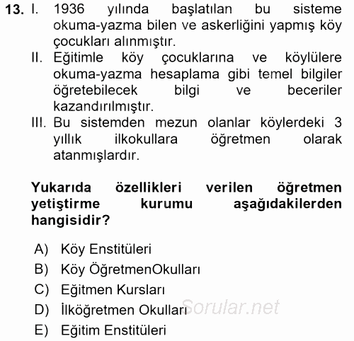 Eğitim Bilimine Giriş 2017 - 2018 3 Ders Sınavı 13.Soru