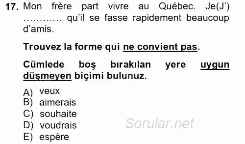 Fransızca 2 2012 - 2013 Dönem Sonu Sınavı 17.Soru