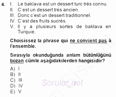 Turizm Için Fransızca 2 2014 - 2015 Ara Sınavı 4.Soru