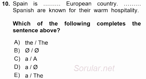 Turizm Için Ingilizce 2 2015 - 2016 Tek Ders Sınavı 10.Soru
