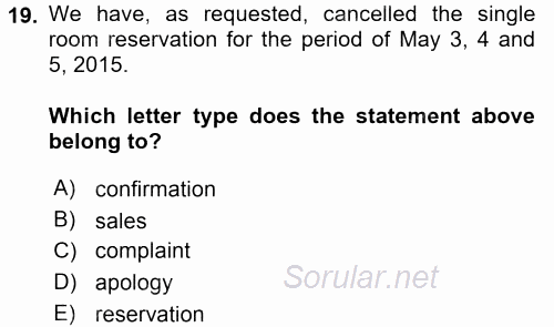 Turizm Için Ingilizce 2 2015 - 2016 Tek Ders Sınavı 19.Soru