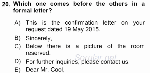 Turizm Için Ingilizce 2 2015 - 2016 Tek Ders Sınavı 20.Soru