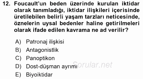 Siyaset Sosyolojisi 2015 - 2016 Ara Sınavı 12.Soru