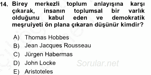 Siyaset Sosyolojisi 2015 - 2016 Ara Sınavı 14.Soru